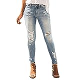 Damen Jeans Weiß, Damen Skinny Jeans Rissen Löcher Ankle Jeanshosen Jeanshosen Röhrenjeans Skinny Slim Fit Stretch Boyfriend Jeans Zerrissene Destroyed Jeans Bestickte Kleine Füße Elastische Hose